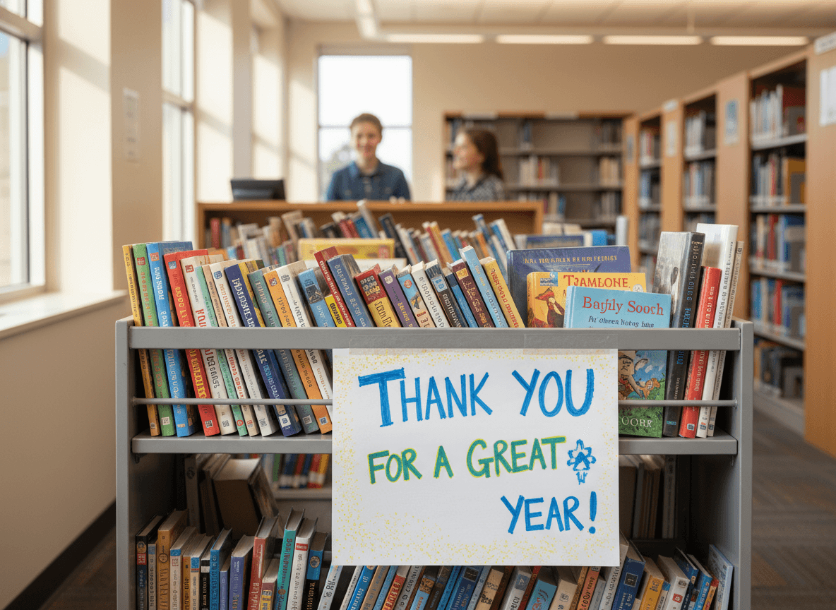 A return cart full of school library books and a sign reading thank you for a great year