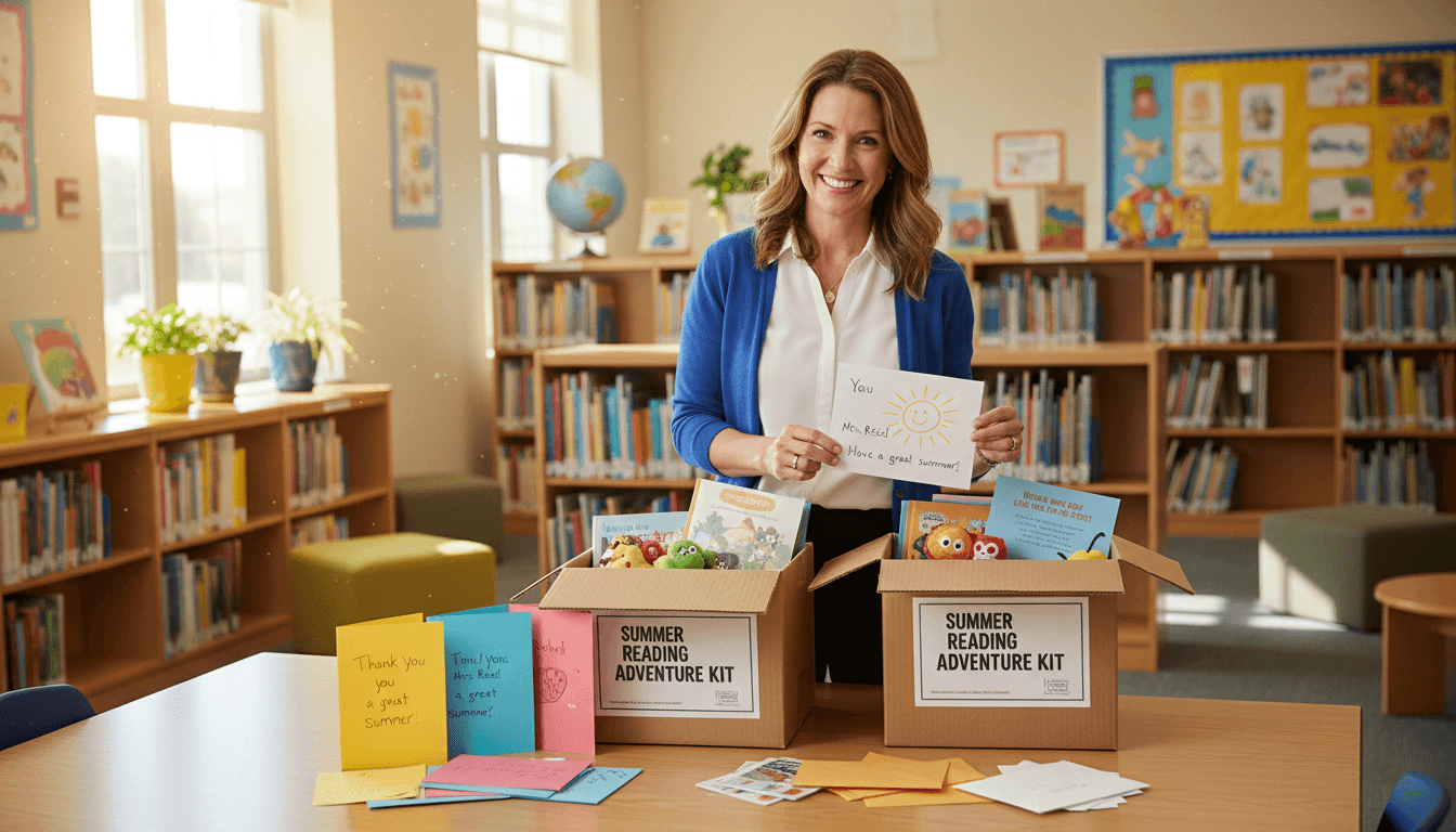 A school librarian boxing up summer reading kits with end-of-year student thank-you cards