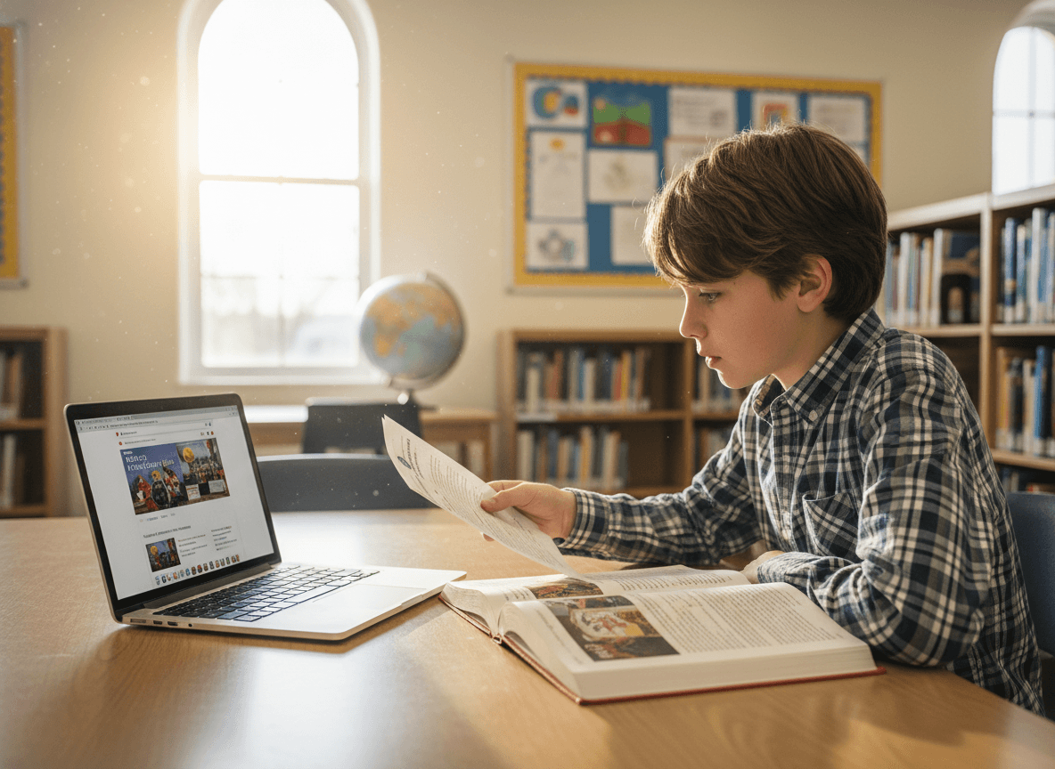 Fifth grade student comparing a printed source with a website on a library laptop