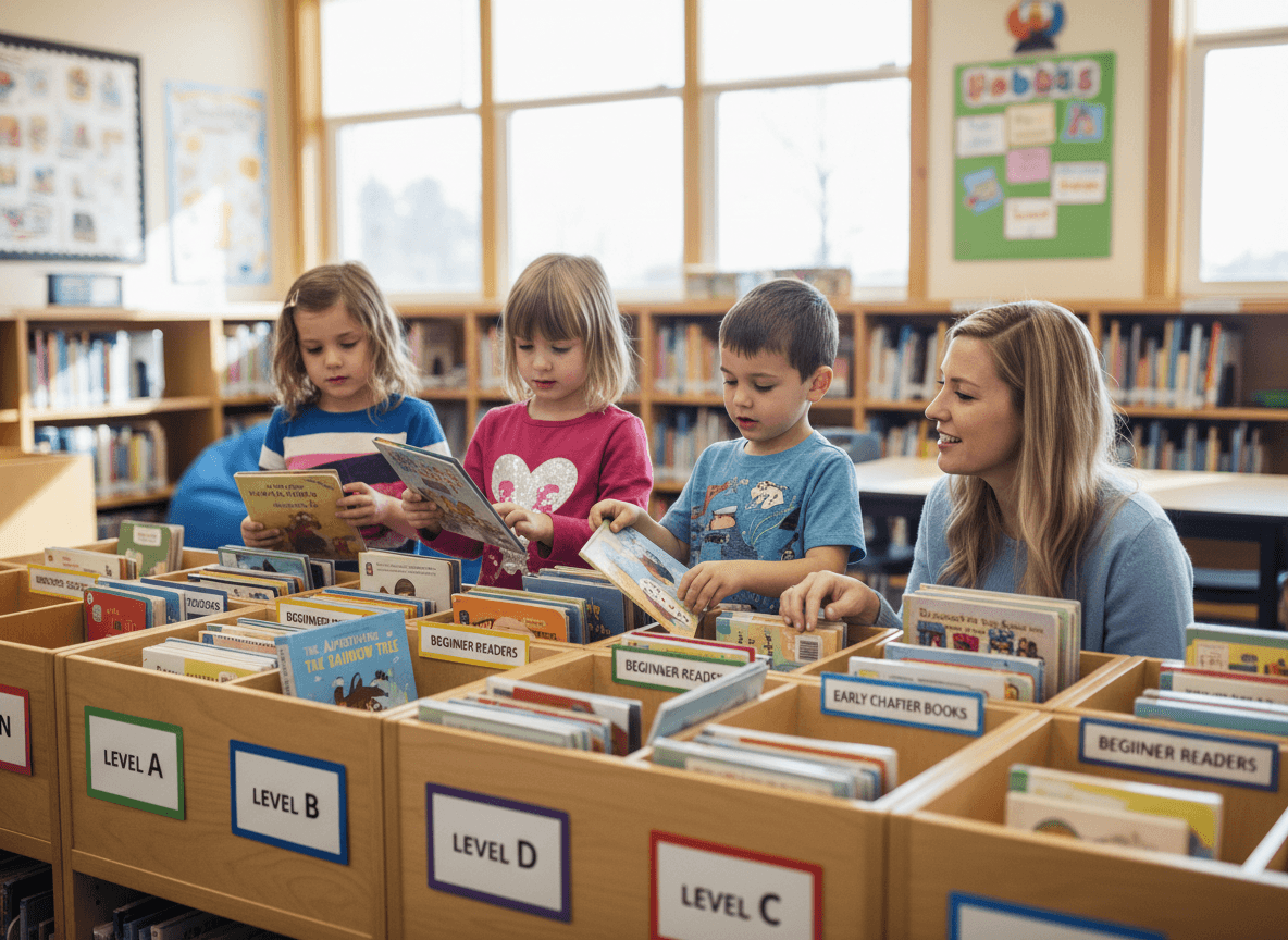 Library leveled bins labeled by reading level with first graders selecting early readers and beginner chapter books