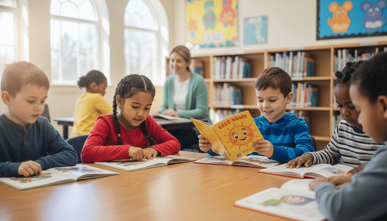 First graders sitting at a low library table flipping through picture books and choosing their next read