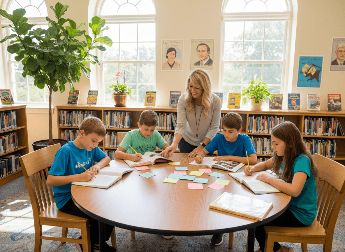 Fourth graders at a library table with biographies and note cards spread out