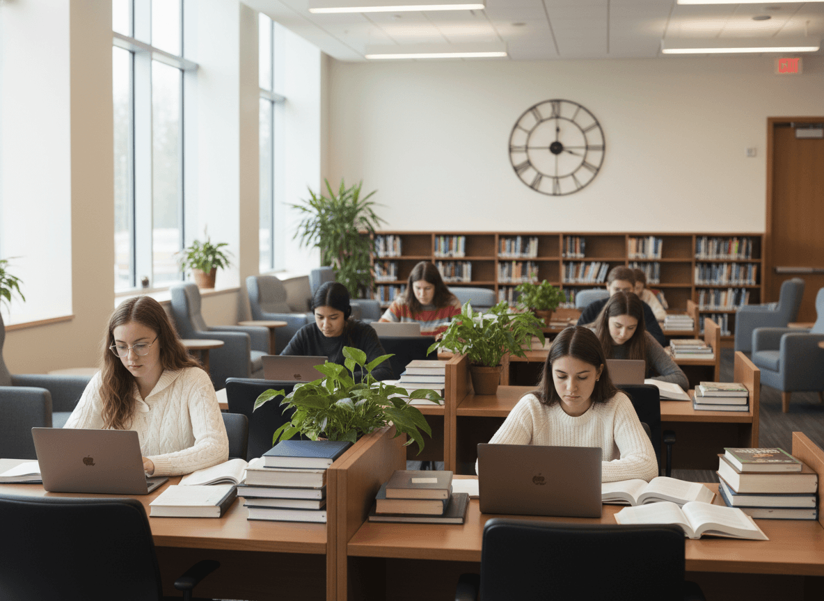 High school students at study carrels with laptops and reference materials