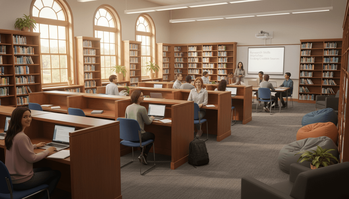 High school library with study carrels, laptops, and a research workshop in progress