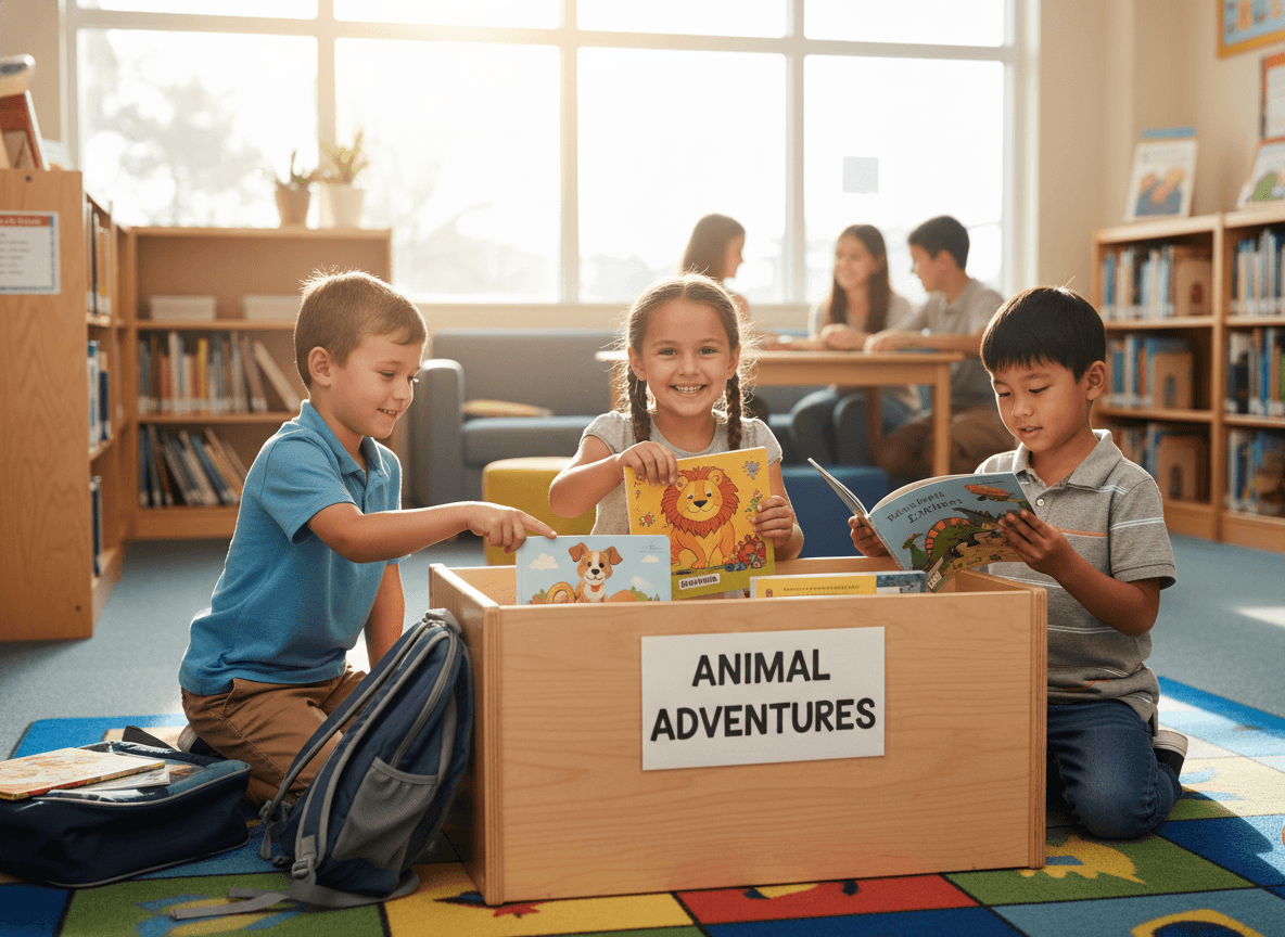 A library picture book bin labeled with a clear category showing kindergartners choosing books on their own