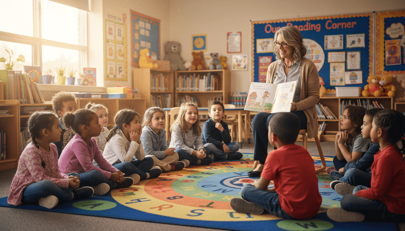 A kindergarten class on the story-time rug listening to a librarian read a picture book aloud