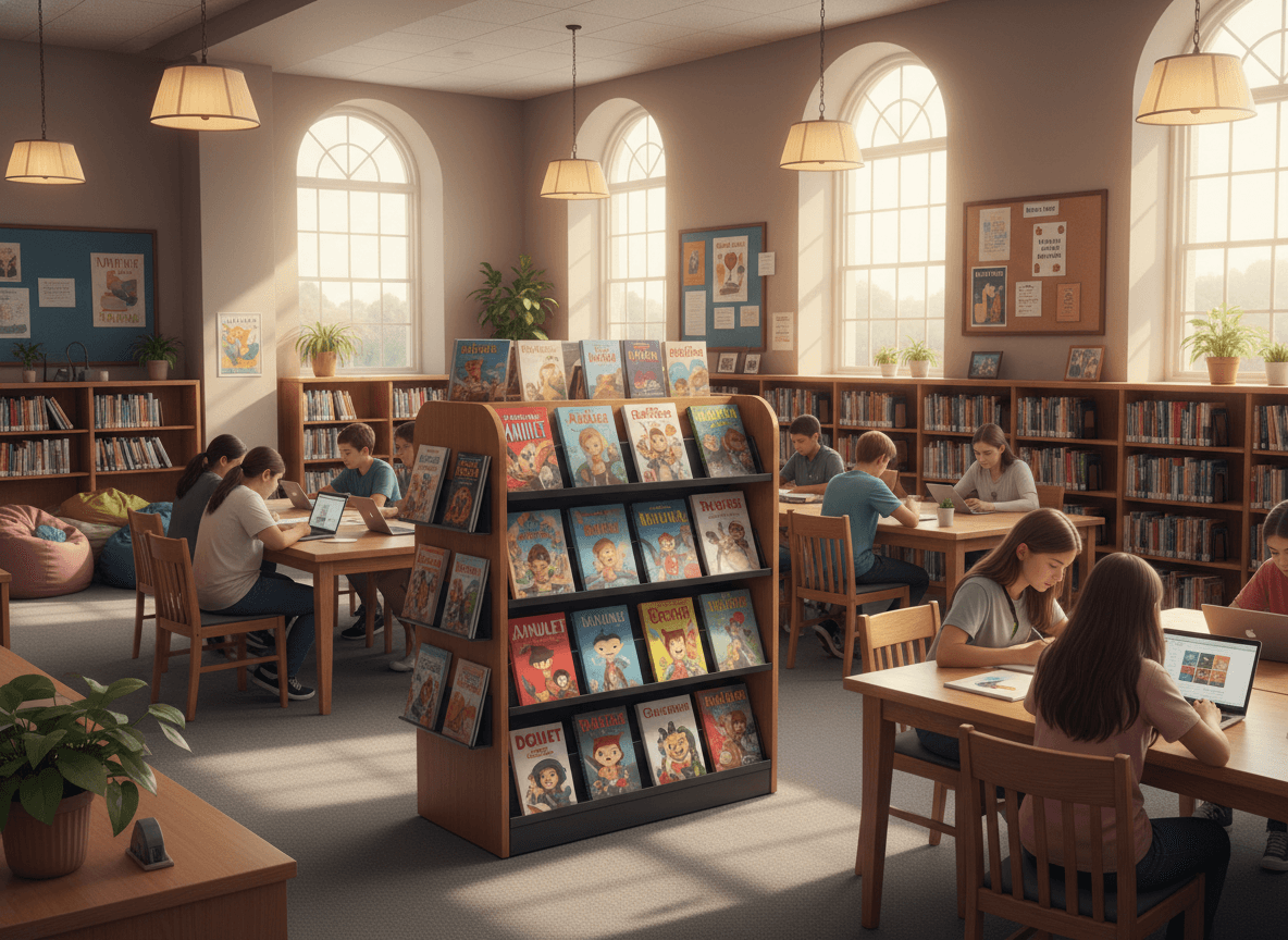 Middle school library showing a graphic novel display and study tables in use