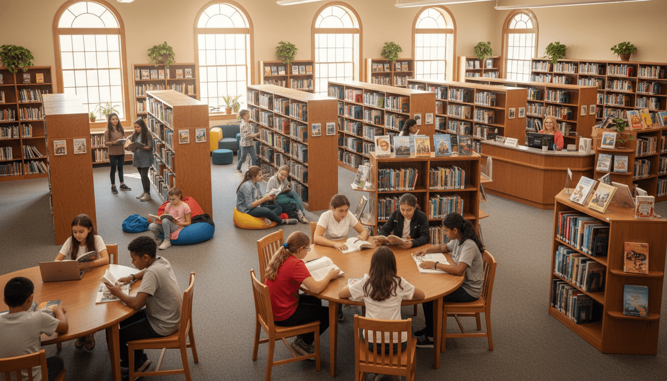 Middle school library with novels on display and students browsing at tables