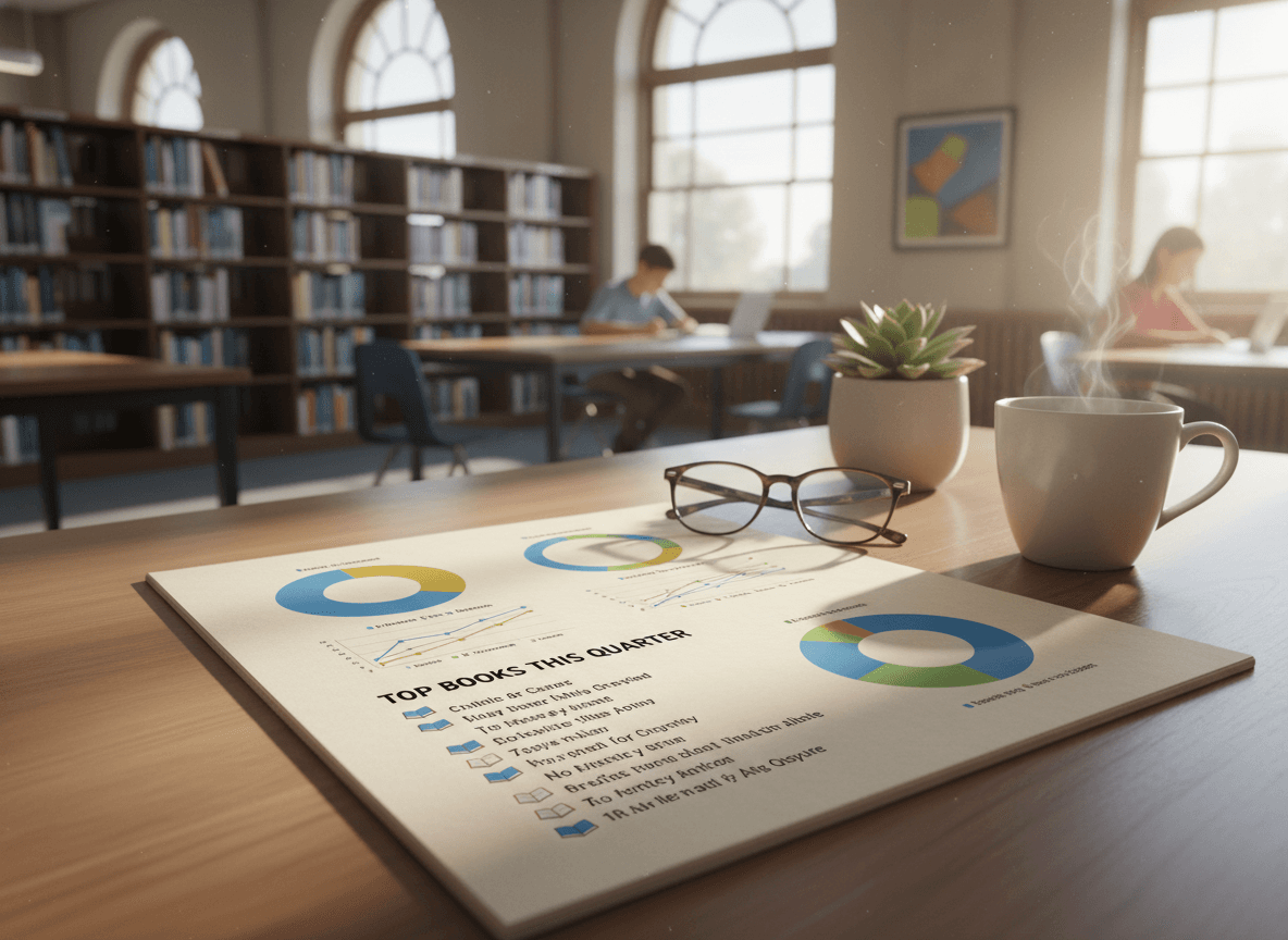 A printed quarterly library report with circulation charts and a top books list on a desk