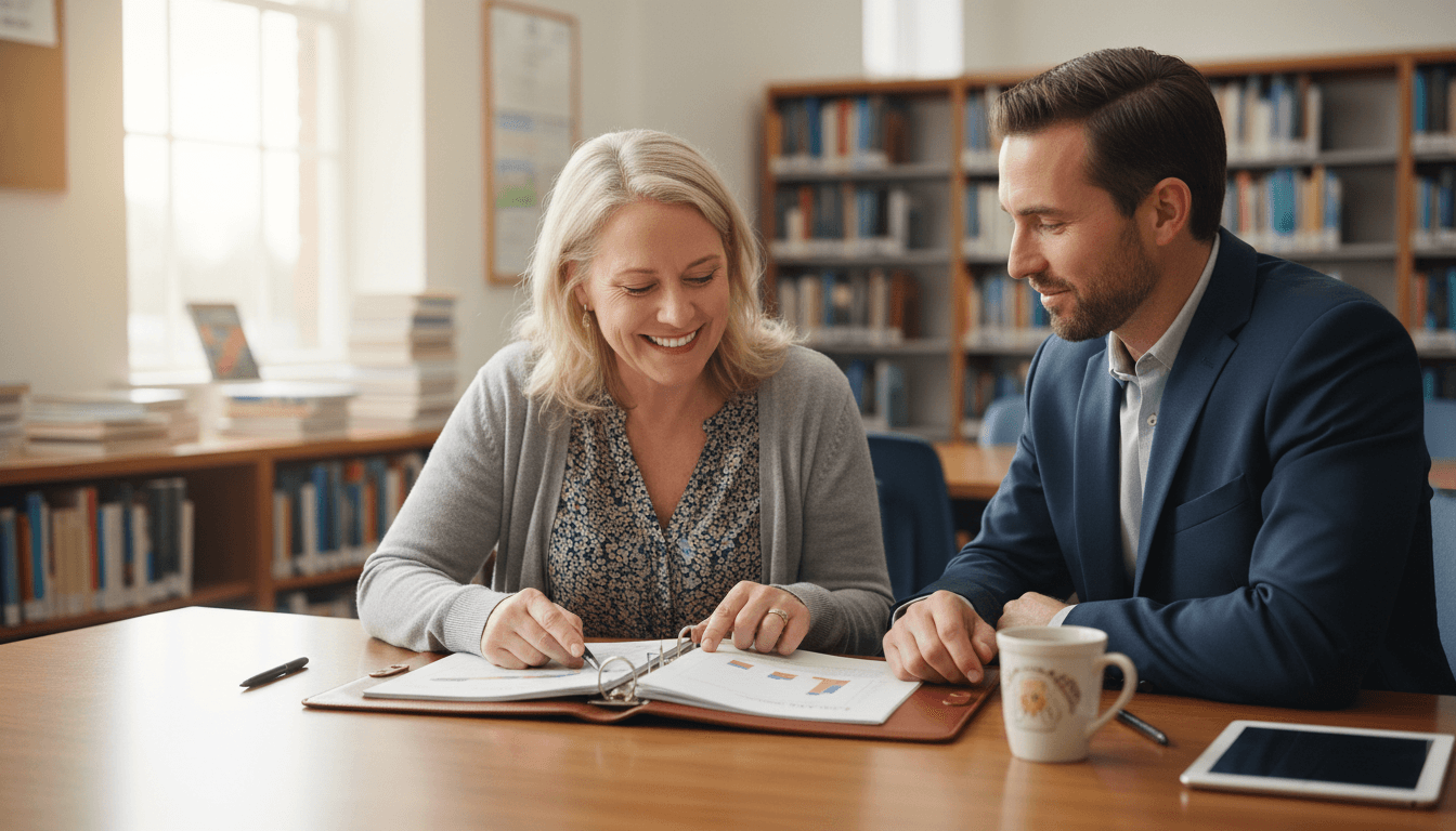A school librarian and principal reviewing a quarterly library report binder at a meeting table