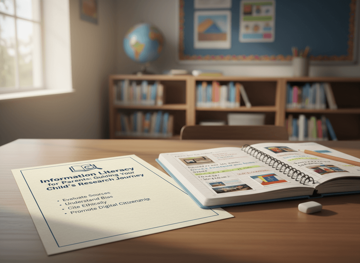 A printed information literacy parent handout next to a student research notebook