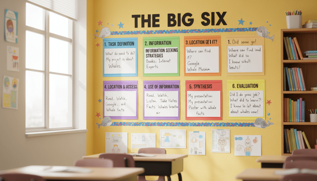 An anchor chart of the Big Six information literacy steps with student examples on a classroom wall