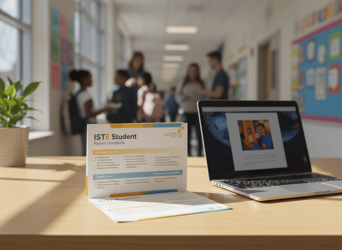 A printed ISTE student standards parent handout on a table next to a Chromebook