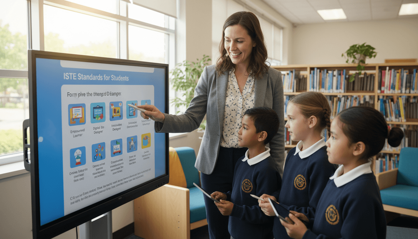A school librarian showing students ISTE standards examples on a digital citizenship lesson screen