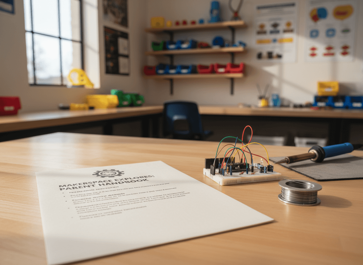 A printed makerspace parent handout next to a half-built circuit project and a roll of solder