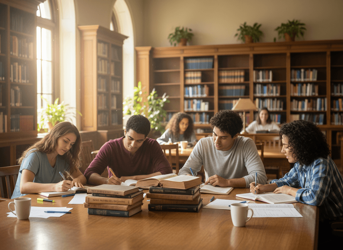 Students at a research table in a school library taking notes from a stack of nonfiction books