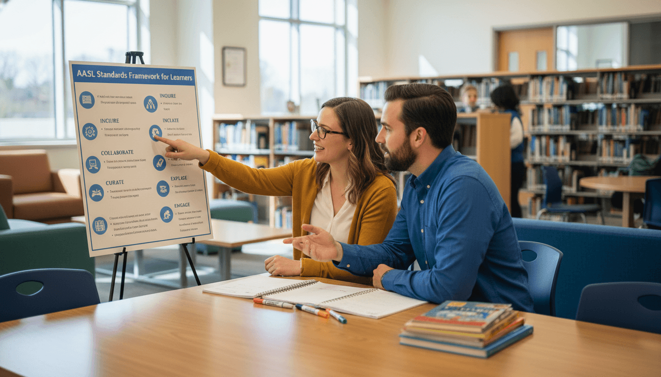 A school librarian and teacher pointing at an AASL standards poster during lesson planning