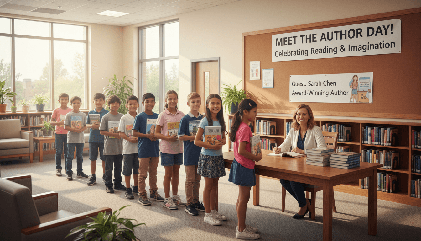 Students lined up with books at a school library author signing table