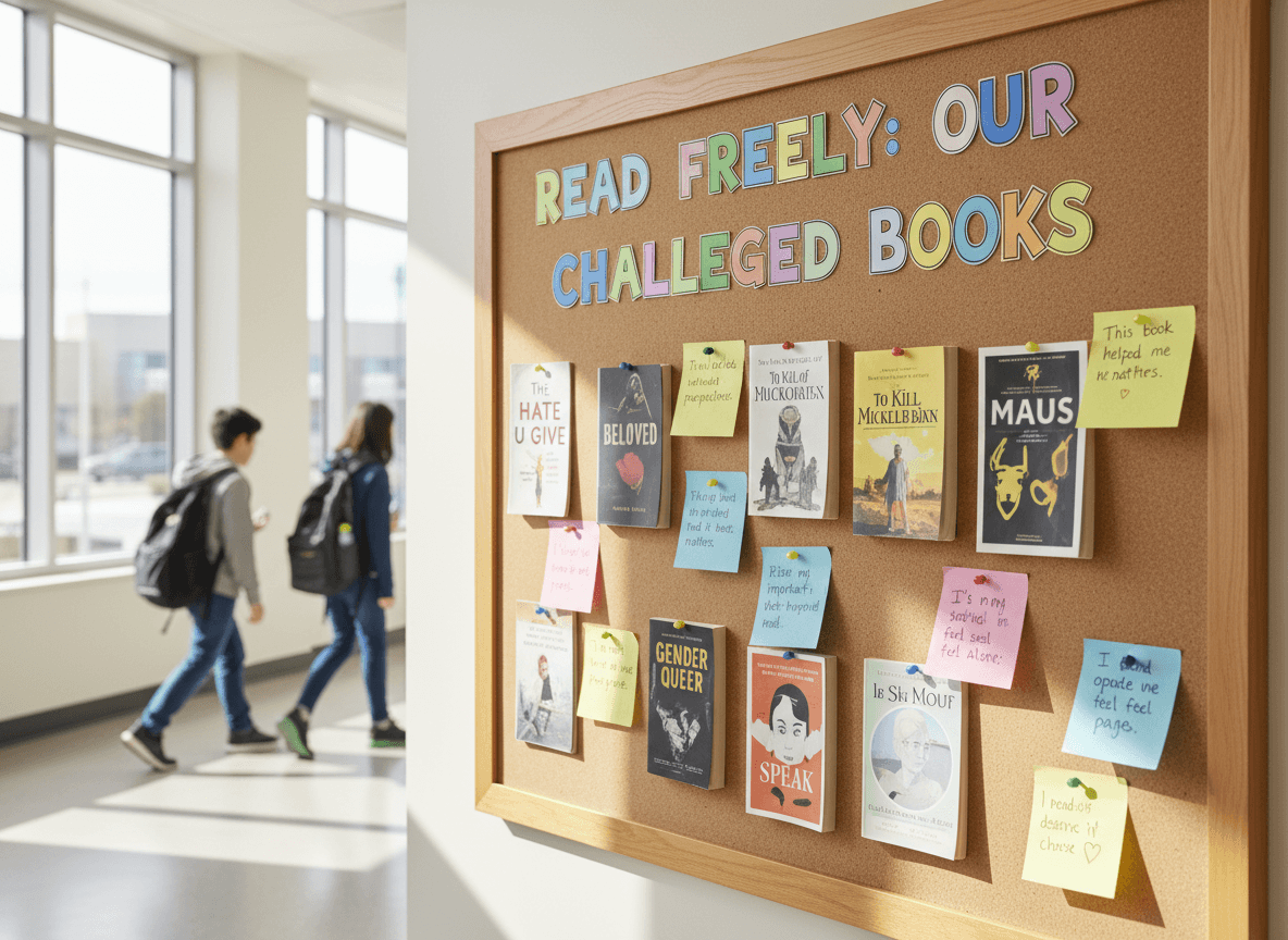A bulletin board featuring frequently challenged books with student-written notes about why they read them