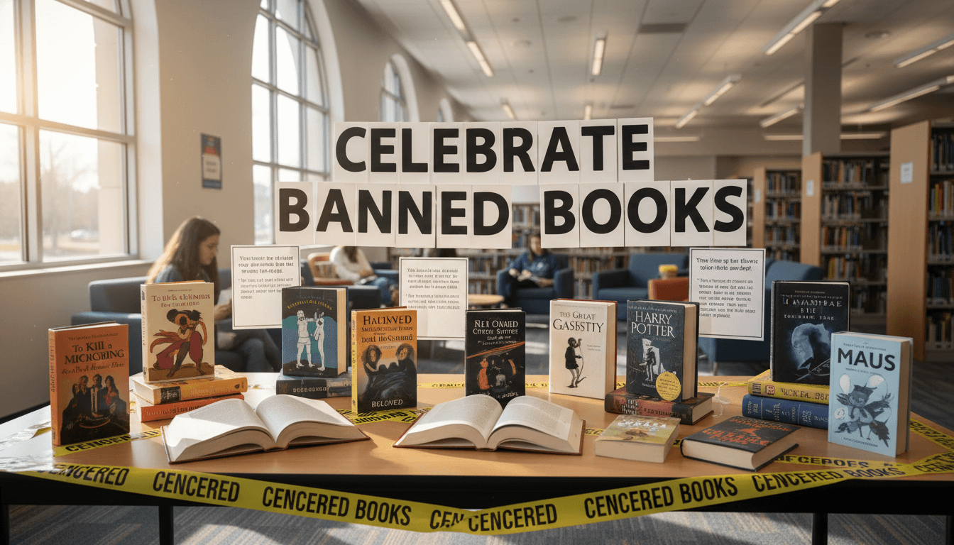 A library display with caution-tape borders showcasing celebrated banned book titles