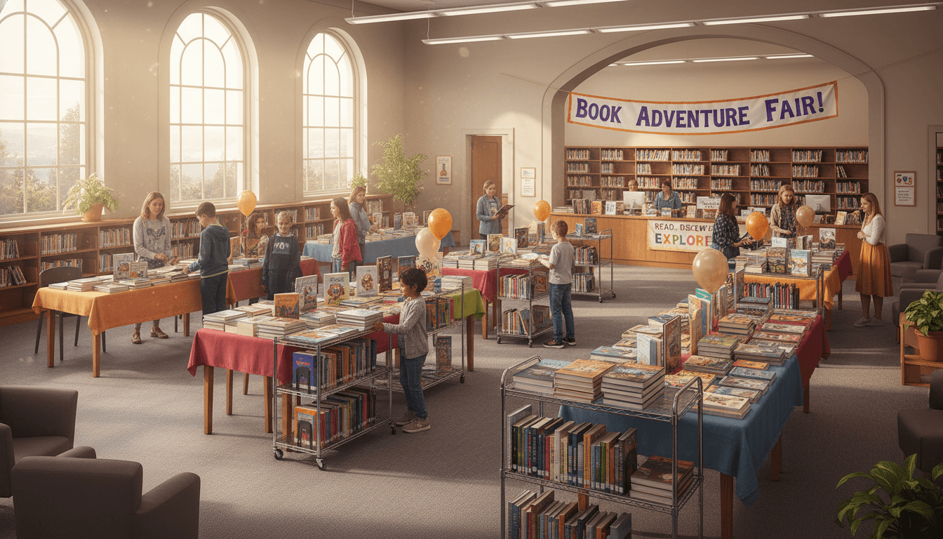 A school library set up as a book fair with display tables and rolling bookshelves