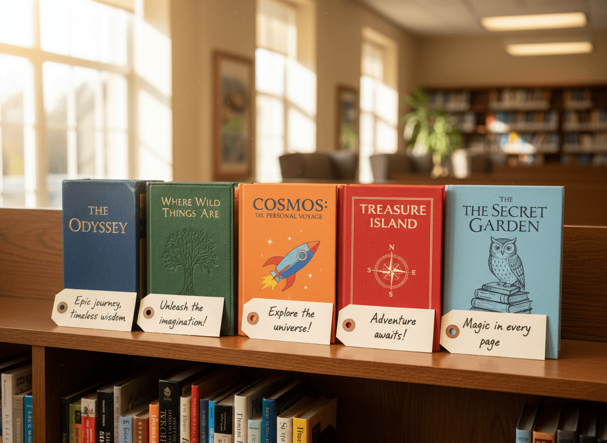 Five hand-picked books arranged on a wooden shelf with handwritten shelf-talker cards underneath each title