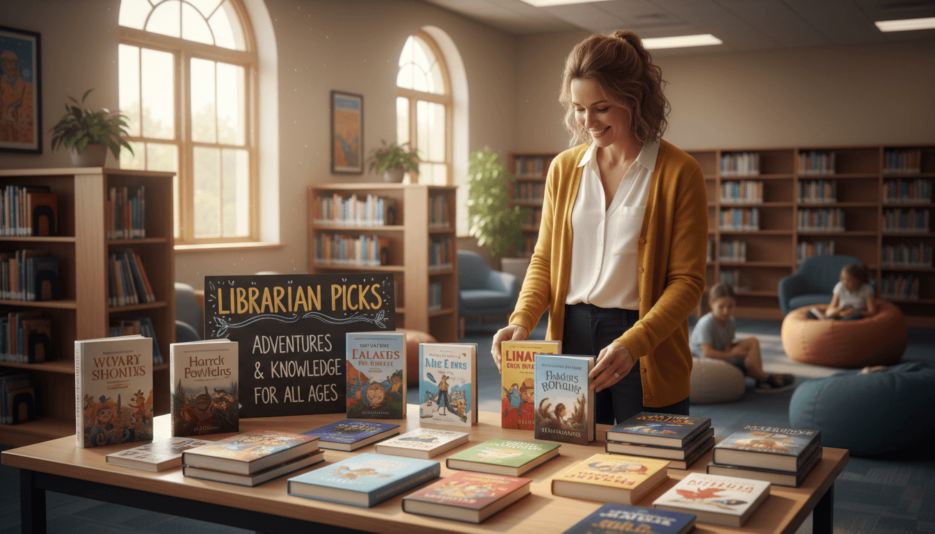 A librarian arranging a librarian picks display with curated titles in a school library
