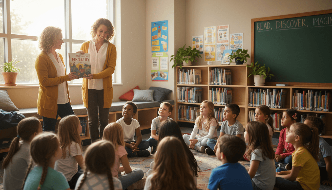 A librarian holding up a chapter book while giving a book talk to a class on the rug