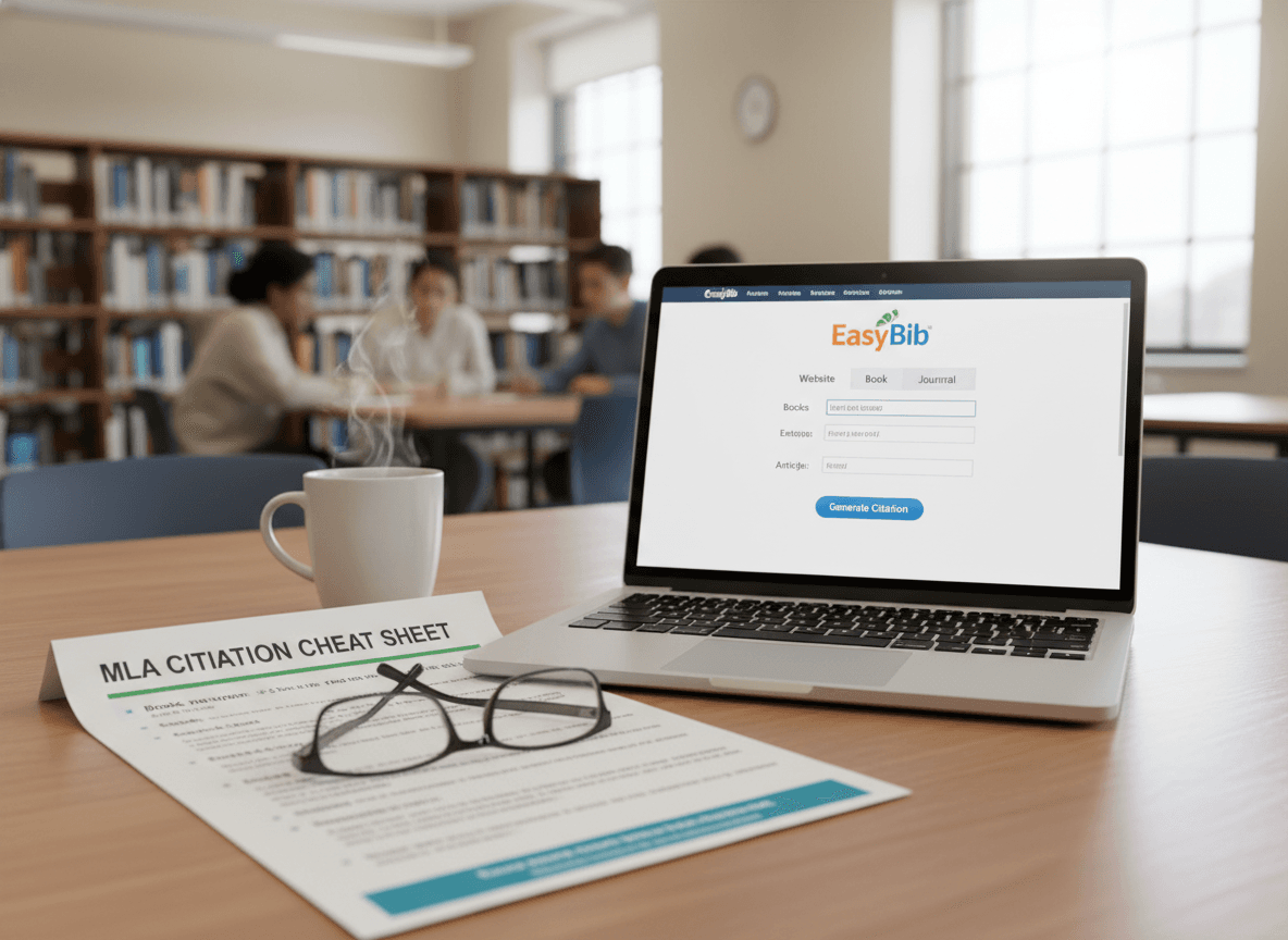 A library MLA citation cheat sheet next to a laptop showing the EasyBib citation generator interface