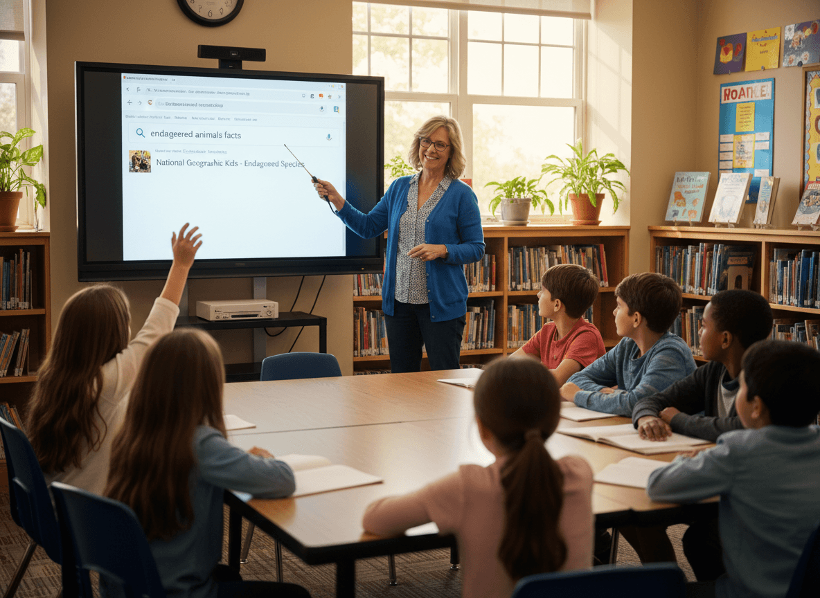 A library digital literacy lesson showing a projected Google results page with the librarian pointing to a result