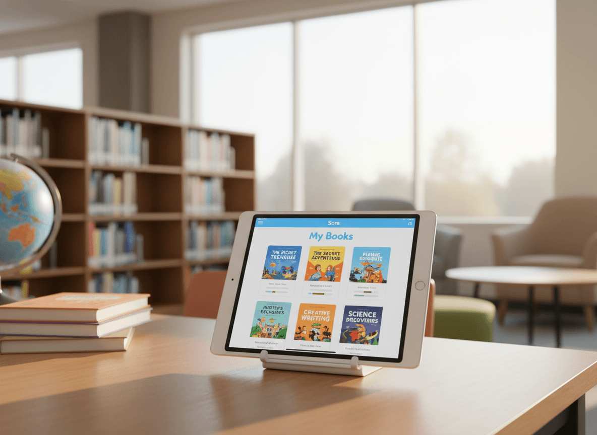 A library iPad showing the Sora ebook app open to a student's book collection with multiple titles available