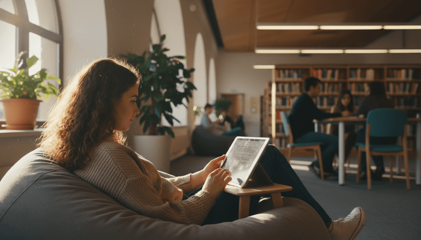 A student reading an ebook on a tablet propped on a library reading bean bag with natural light from a window