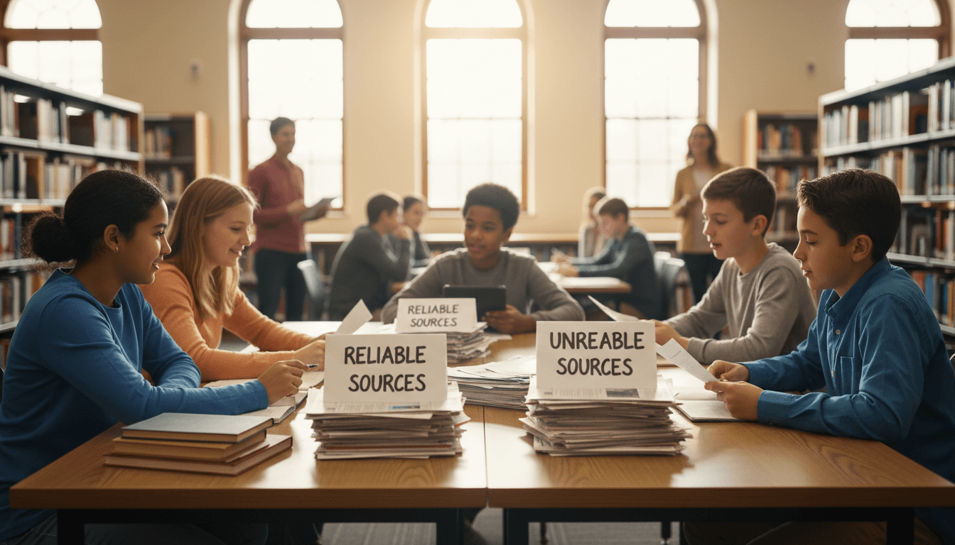 Students at library tables sorting source examples into two piles labeled reliable and unreliable