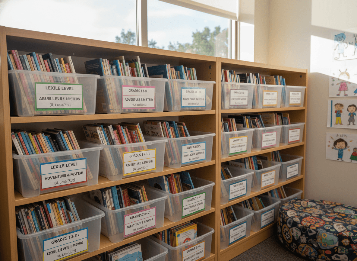 Labeled bins of early chapter books with Lexile and Fountas and Pinnell levels marked on the spine stickers