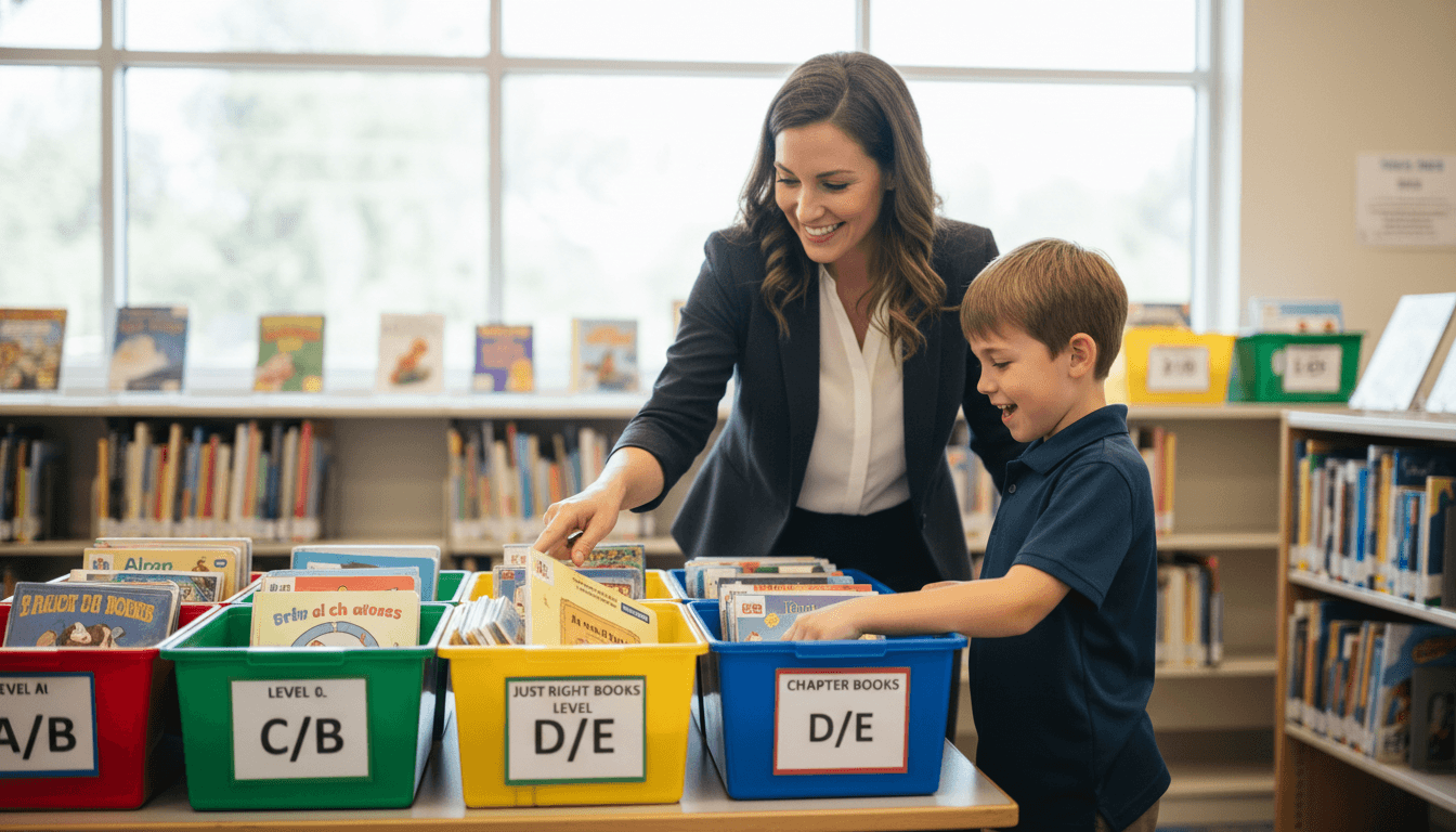 A librarian helping a student find a just right book in a labeled level bin