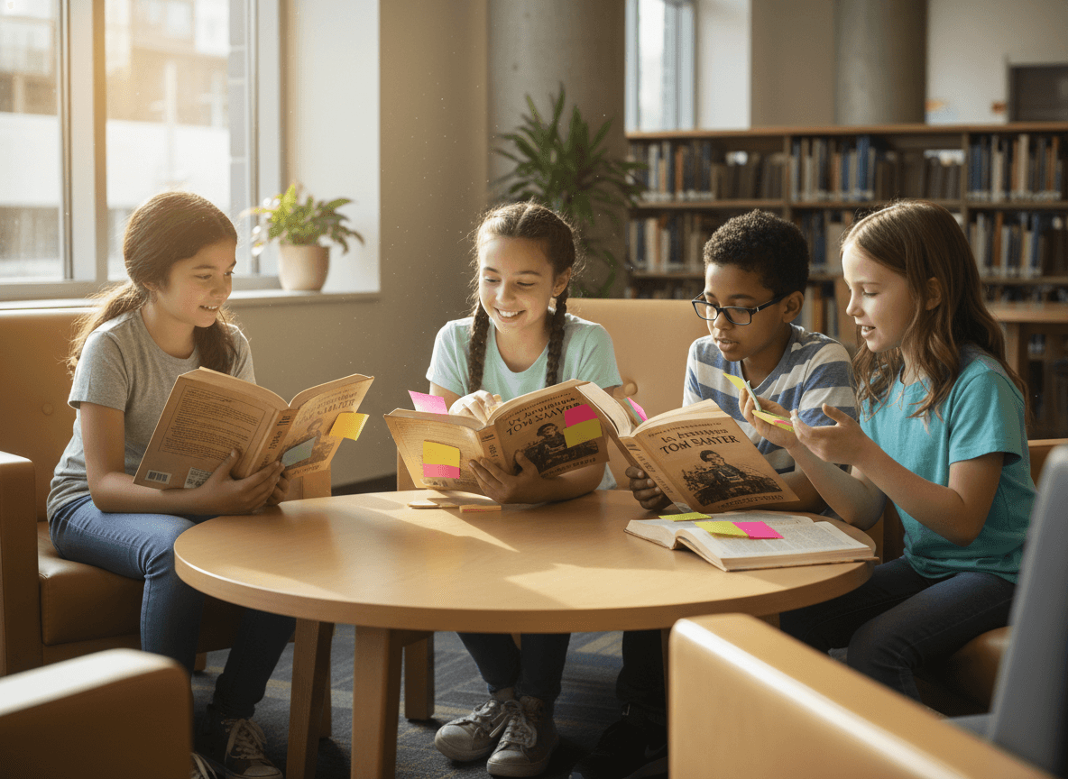 A small group of students with copies of the same novel, sticky-noted at favorite pages, sitting around a low table