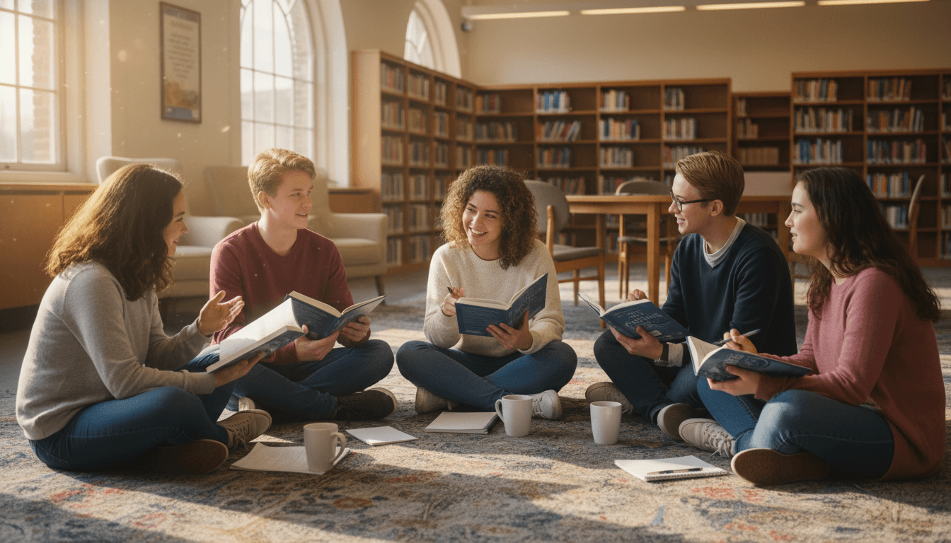 Five students sitting in a circle on the library rug discussing a shared novel