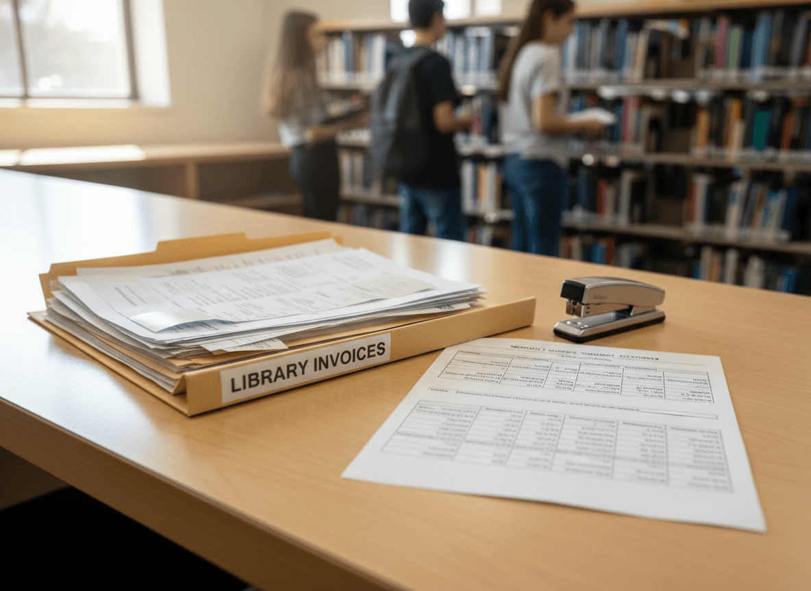 A folder of library invoices and a printed budget summary on a circulation desk