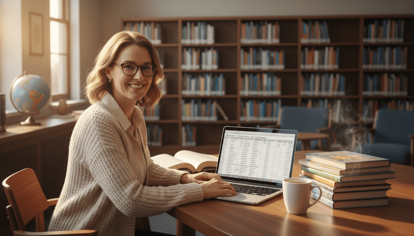 A school librarian working at a desk with a spreadsheet of library purchases and budget totals