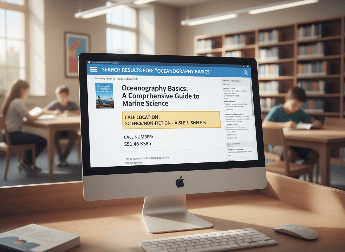A library OPAC search screen showing a book title result with the call number and shelf location highlighted