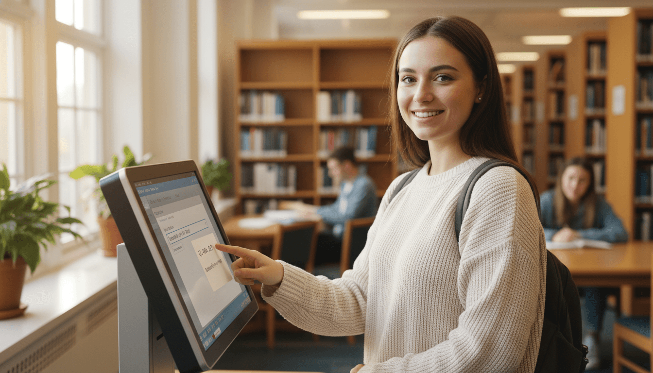 A student at a library catalog kiosk searching for a book title with a printed call number slip in hand
