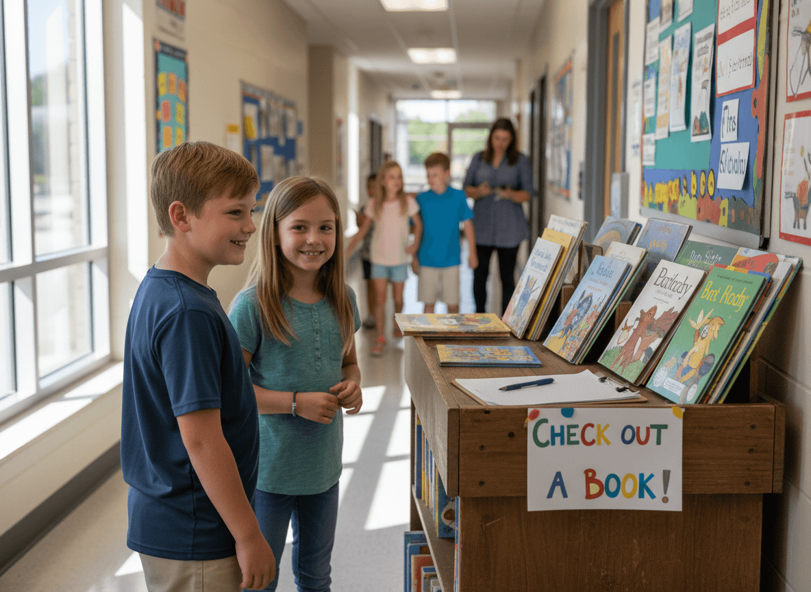 A pop-up library cart set up in a school hallway with picture books and a checkout clipboard