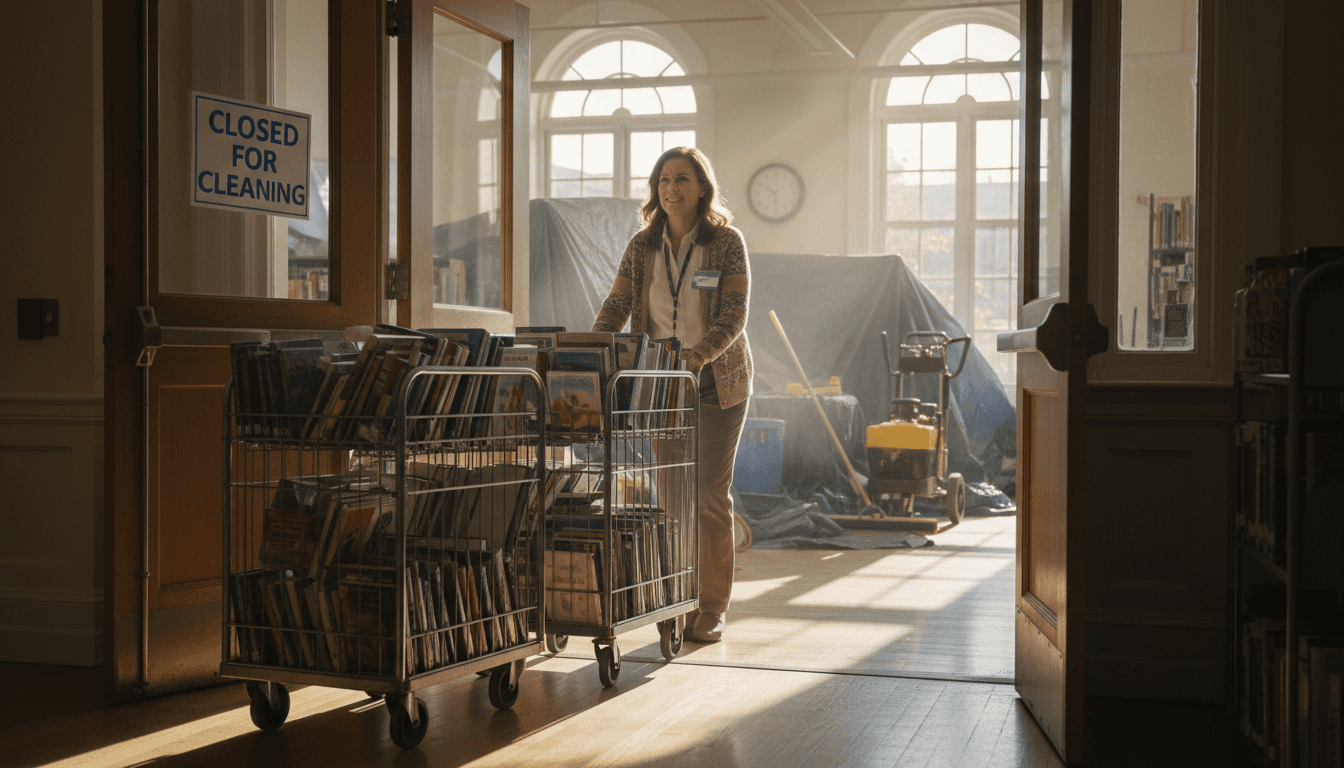 A school librarian moving rolling book carts out of a library closed for cleaning