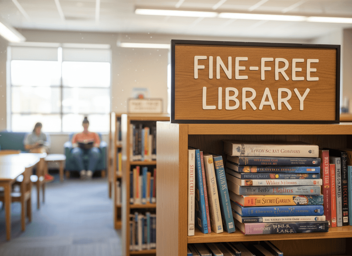 A school library sign that reads fine-free library next to a stack of returned books