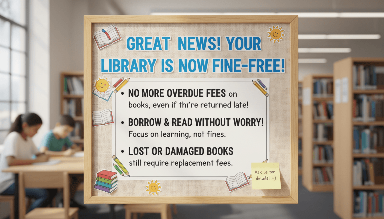 A library bulletin board posting the new fine-free library policy in clear language