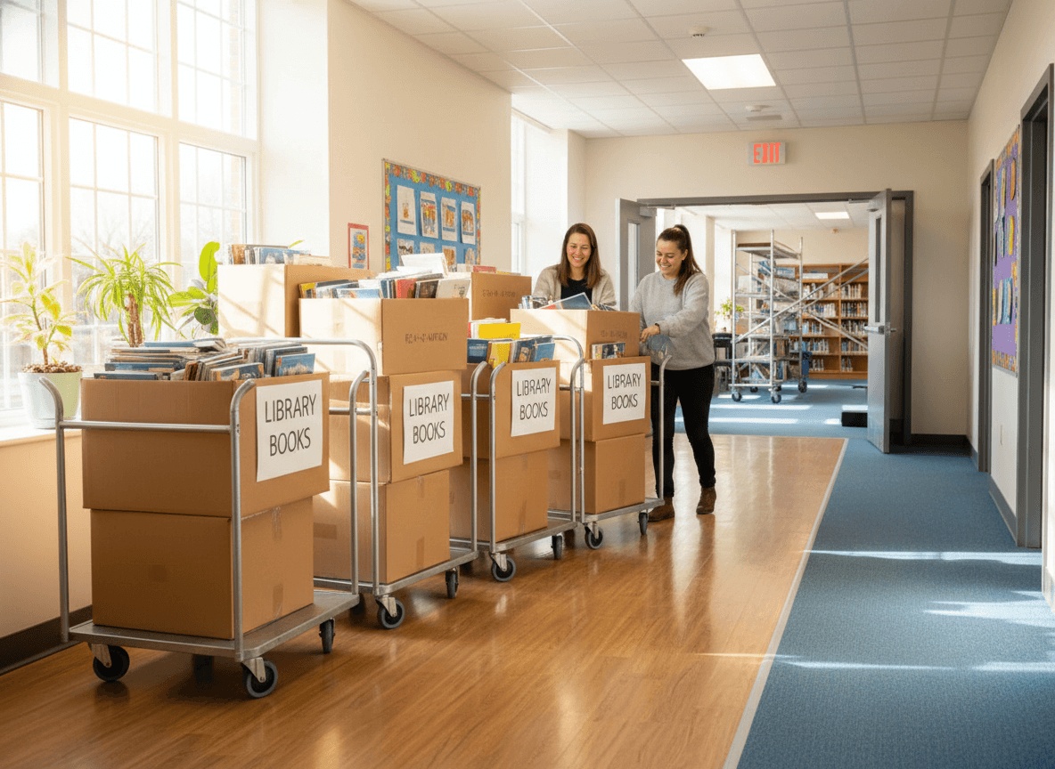 Boxes of school library books stacked on rolling carts in a hallway during a library renovation
