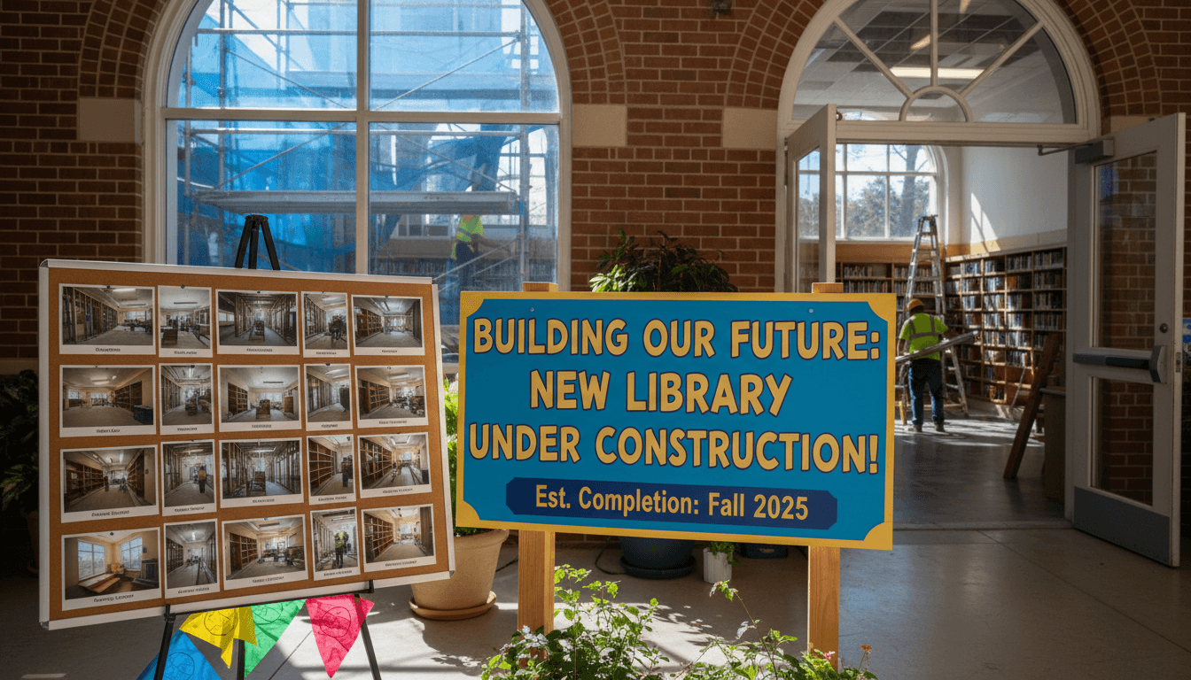 A construction sign in front of a partially renovated school library with progress photos pinned beside it