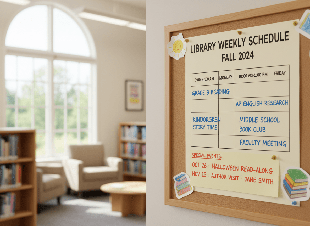 Library schedule pinned to a corkboard with weekly class blocks and special event notes