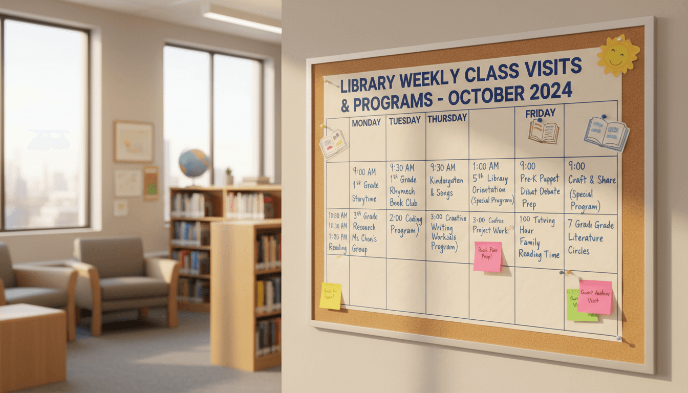 Library wall calendar showing weekly class visits and special program slots