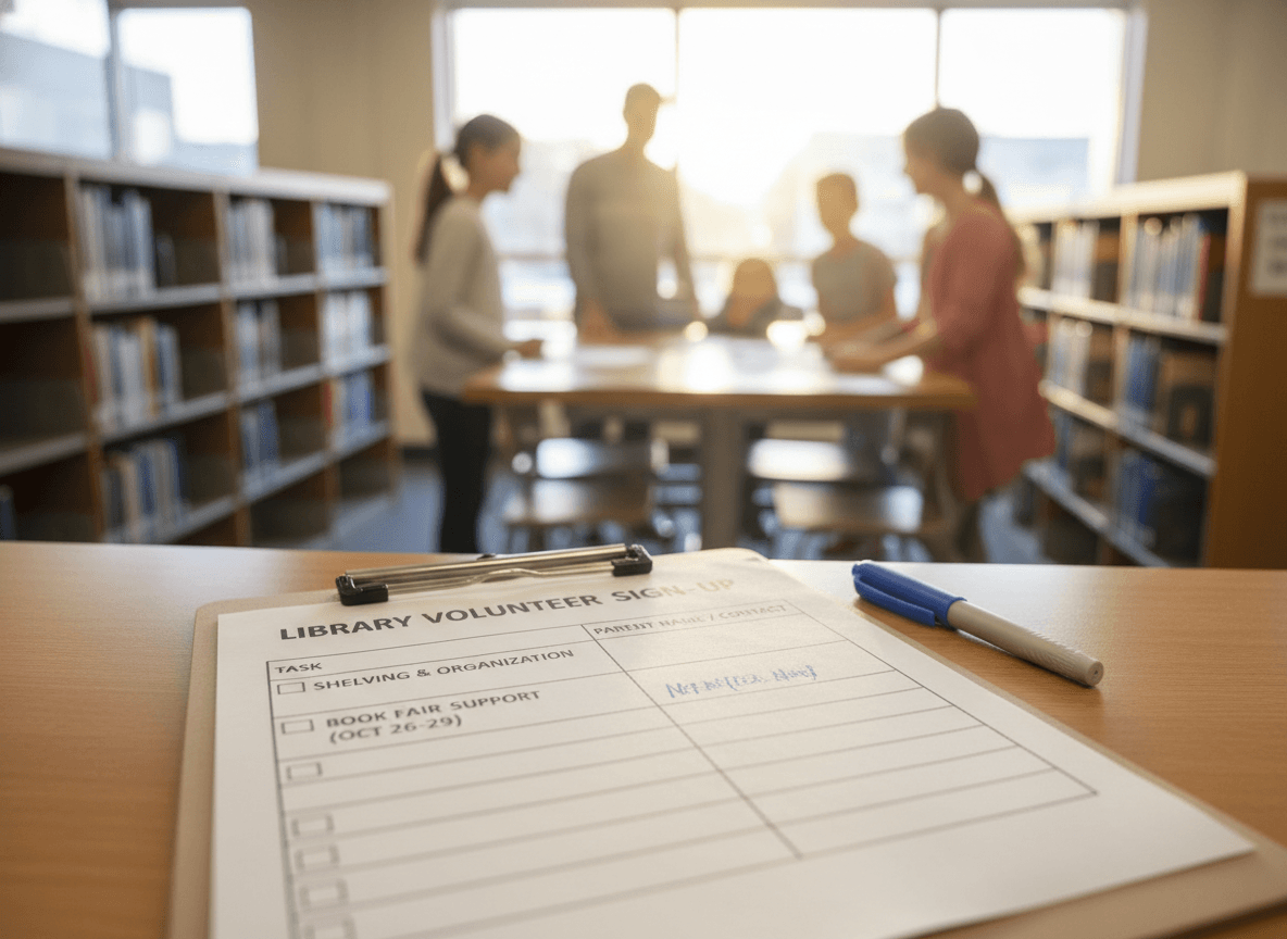 A library sign-up sheet on a clipboard with parent volunteer slots listed for shelving and book fair